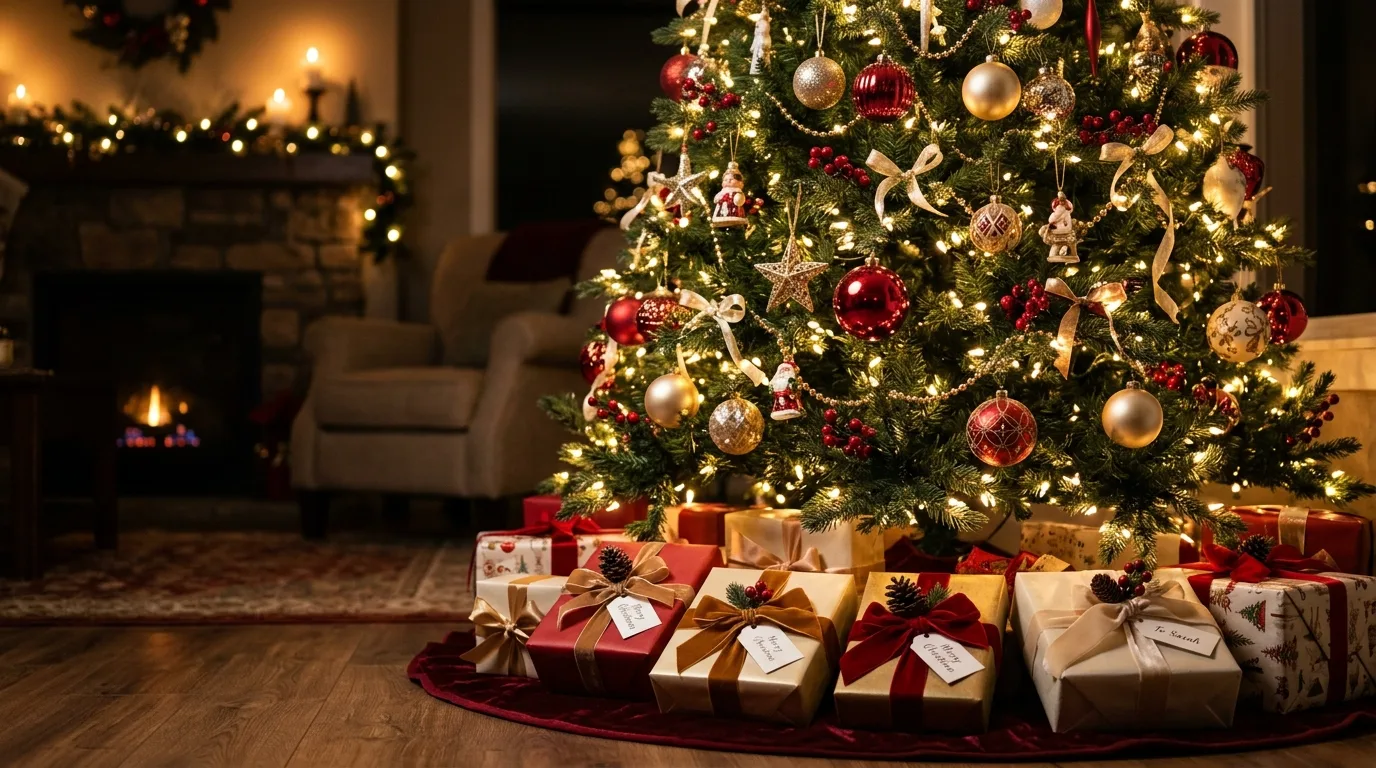 Carry evergreen garlands through the house inspiration for an indoor Christmas setting.